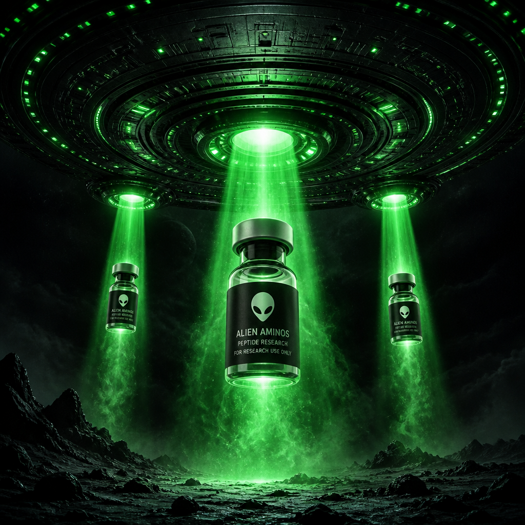A massive flying saucer casts three vivid green beams onto three Alien Aminos peptide research vials above a dark alien landscape.